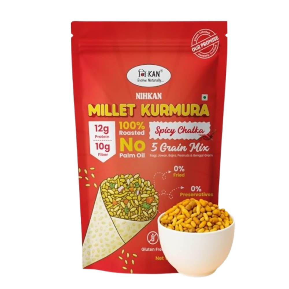 Image 1 of 70 gm / Pack of 1 for the product NIHKAN Roasted Ragi Jowar Bajra Kurmura Puffs Mix - Spicy Chatka Flavour