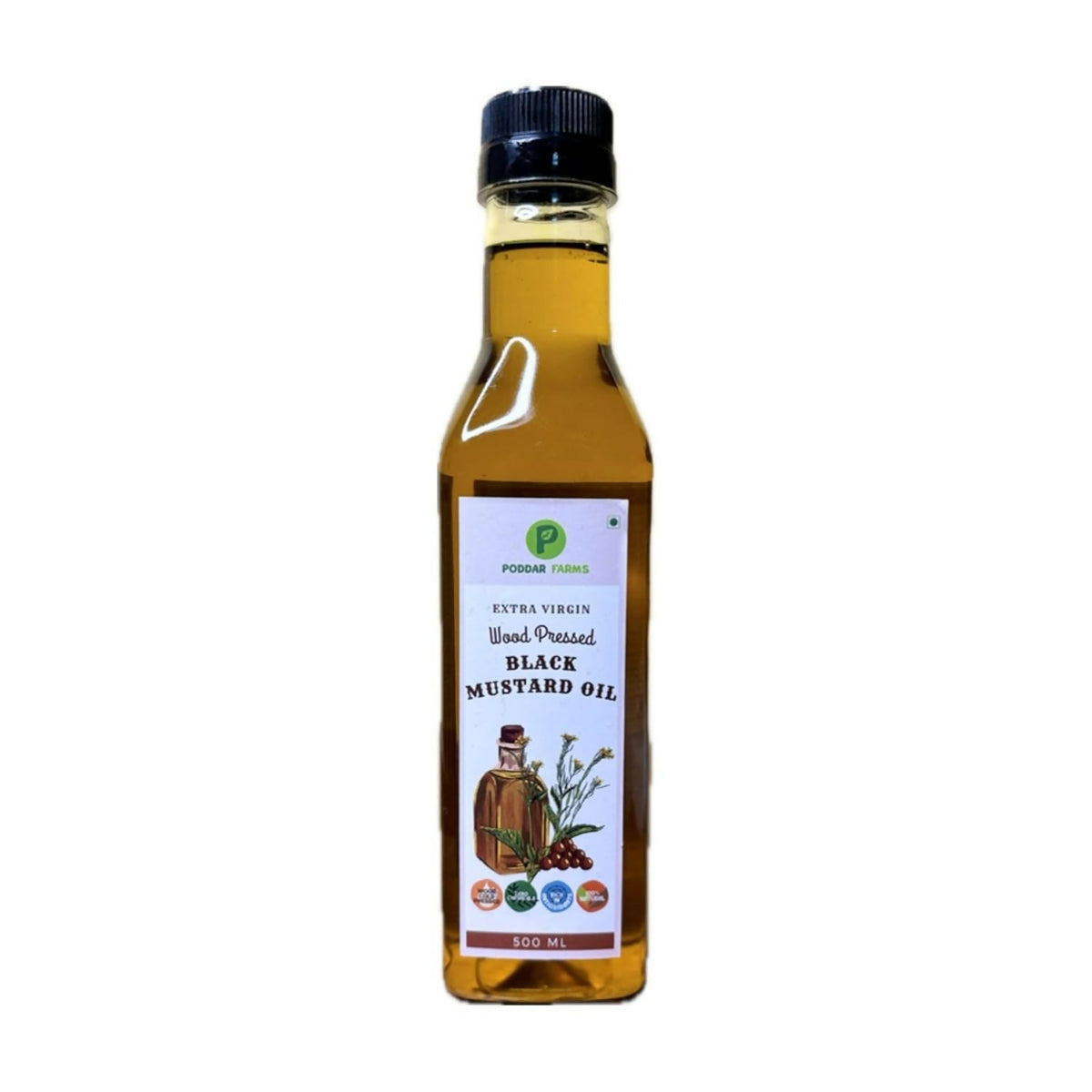 Image 1 of 500  ml for the product Poddar Farms Wood Pressed Black Mustard Oil