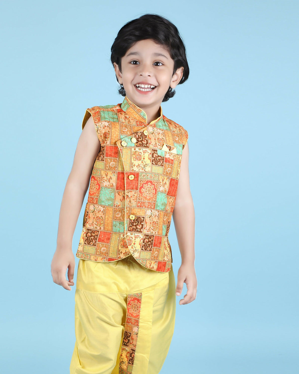 Image 6 of Joban Fashion Kids Island Cotton Sleeveless printed Kurta and Solid Dhoti - Yellow