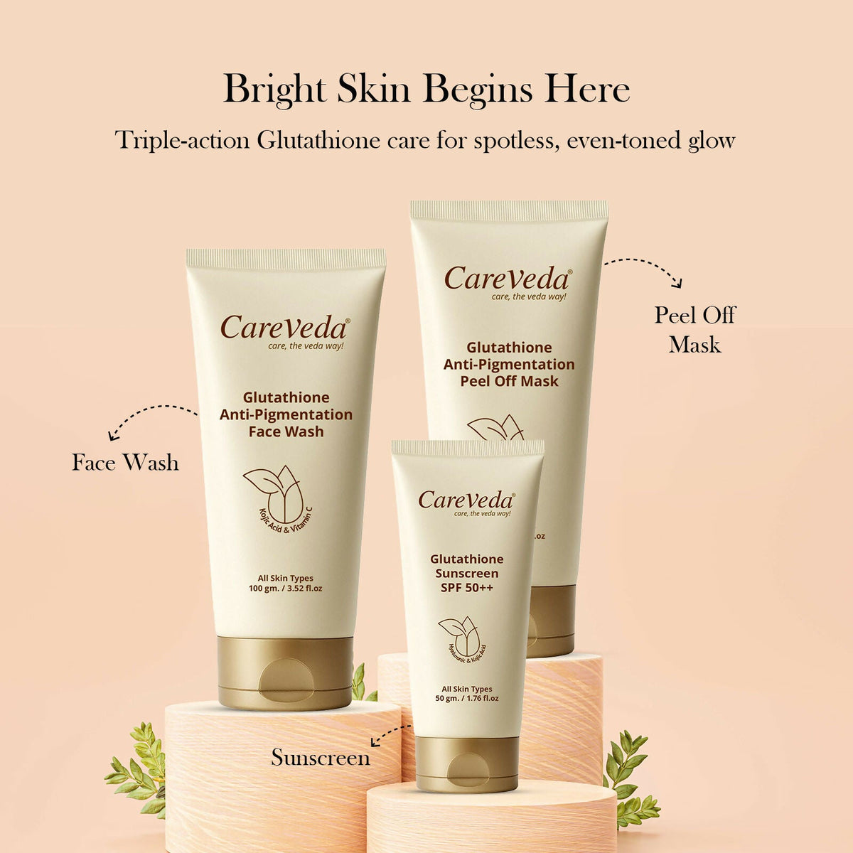 Image 3 of CareVeda Glutathione Skin Care Set of 3 | Face Wash & Peel off Mask, Sunscreen for Bright, Even-Toned Skin | Anti-Pigmentation & Glow Boost | For Men & Women