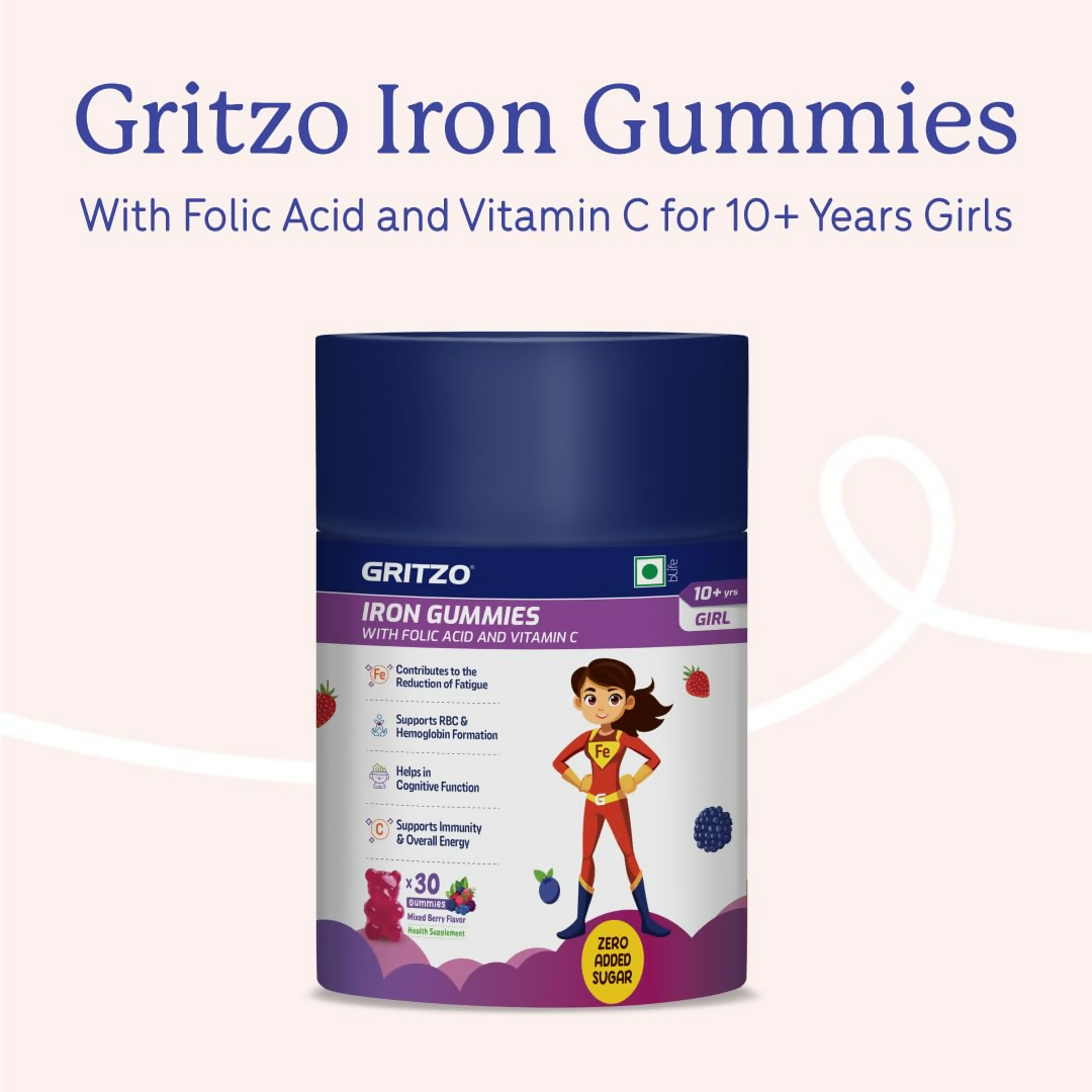 Image 8 of Gritzo Iron Gummies With Folic Acid & Vitamin C (10+y Girls) (Mixed Berry Flavour 30 Gummies)