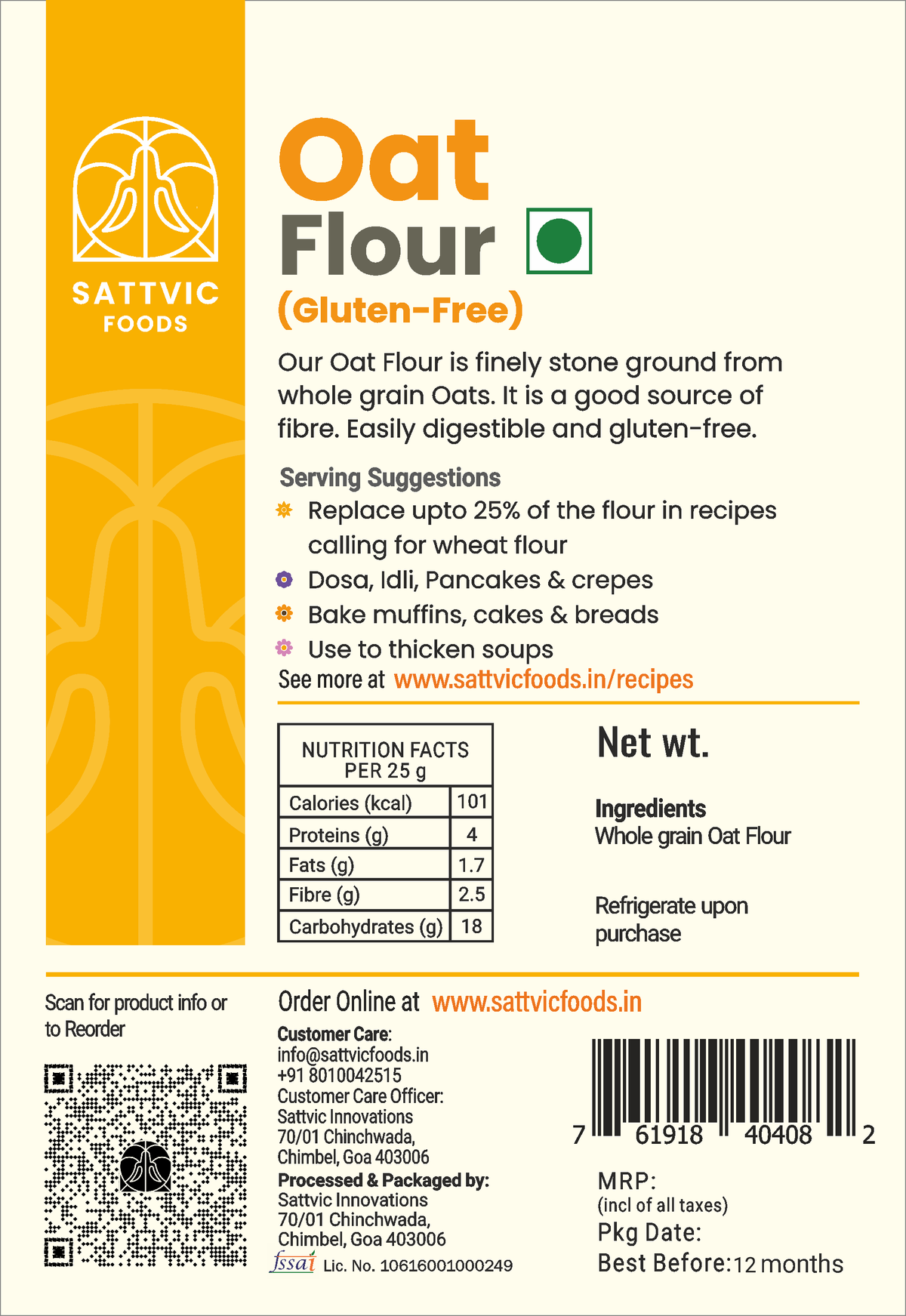 Image 6 of Sattvic Foods Oat Flour | Stone-Ground, Whole-Grain & Gluten-Free