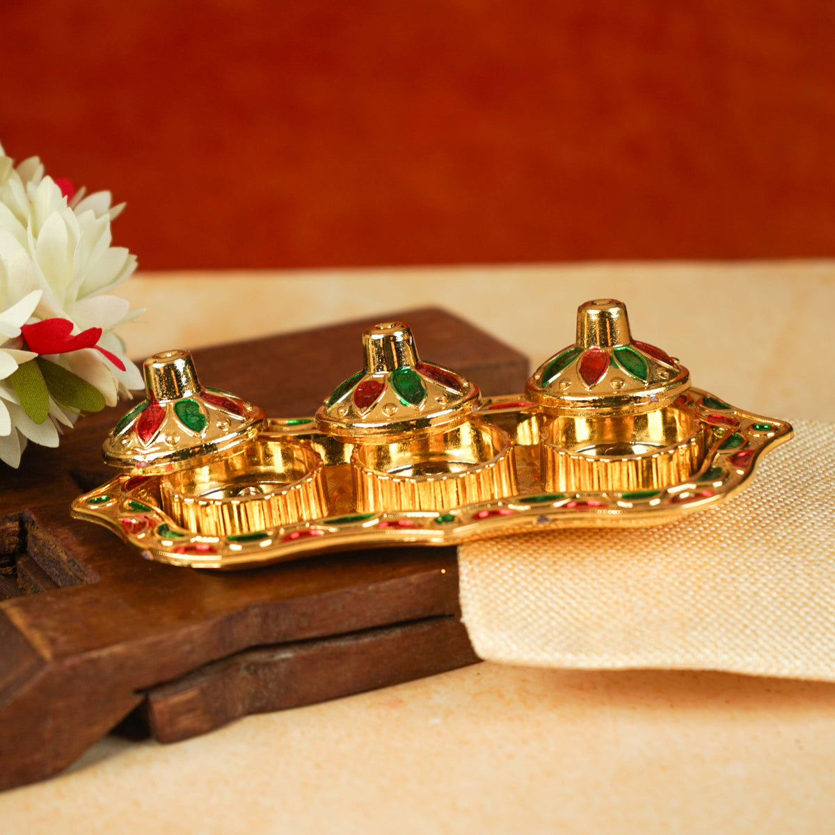 Image 1 of Sri Rudra Fiber Gold Kumkum Haldi Chandan Tray (SR 01962)