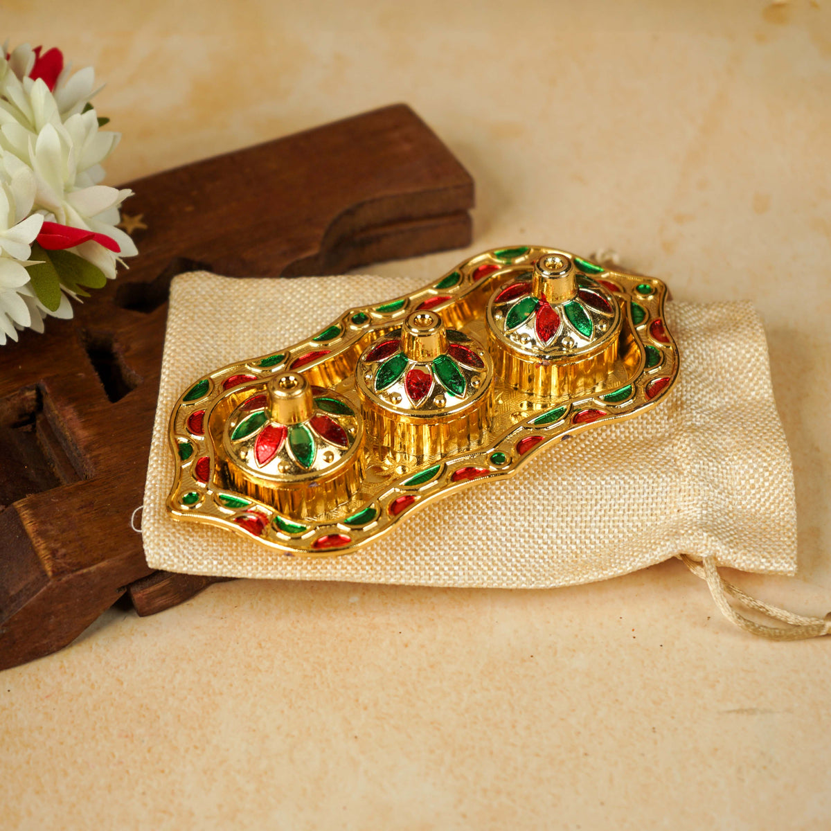 Image 2 of Sri Rudra Fiber Gold Kumkum Haldi Chandan Tray (SR 01962)