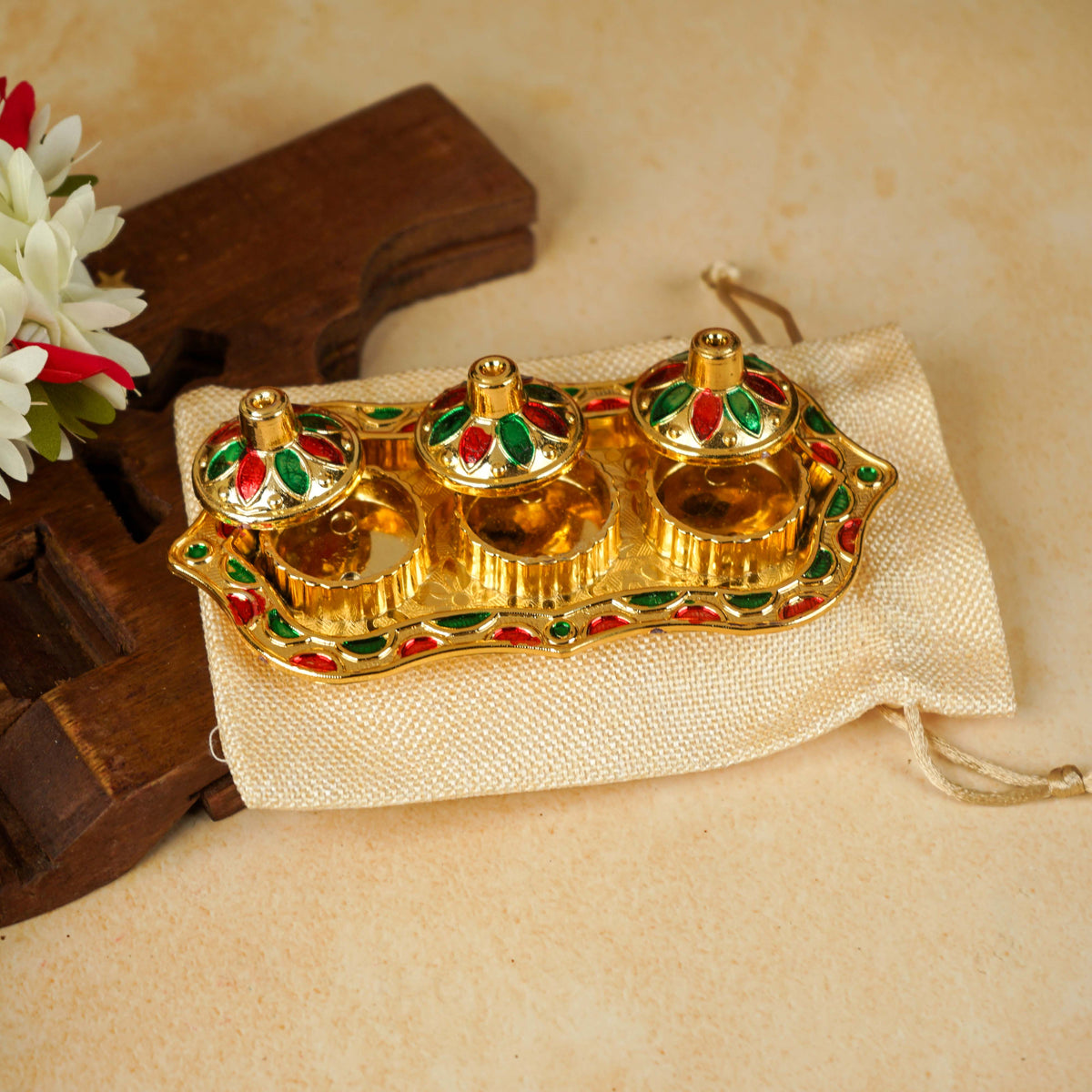 Image 3 of Sri Rudra Fiber Gold Kumkum Haldi Chandan Tray (SR 01962)