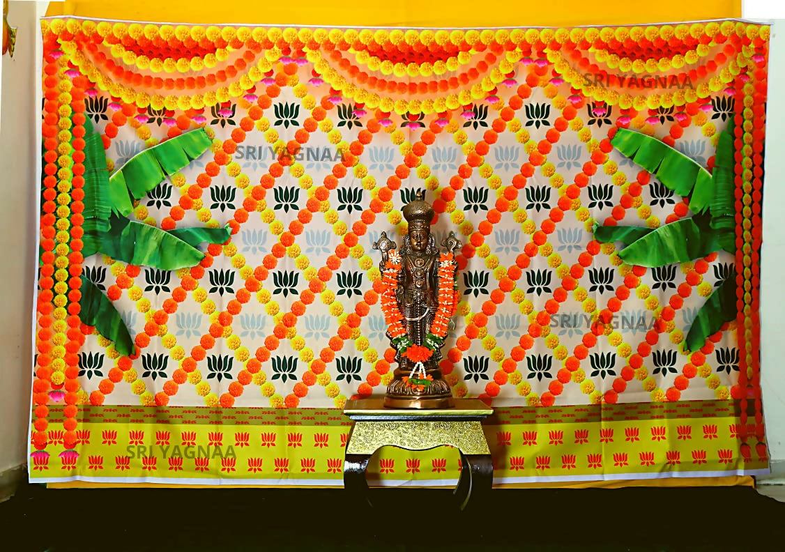Image 3 of Sri Yagnaa M 38 – Marigold & Lotus Banana Leaf Backdrop Cloth, 8 x 5 Ft