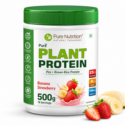 Image 1 of 500 gm for the product Pure Nutrition Plant Protein Powder | Vegan Protein Powder with Pea & Brown Rice Protein Banana & Strawberry Flavour