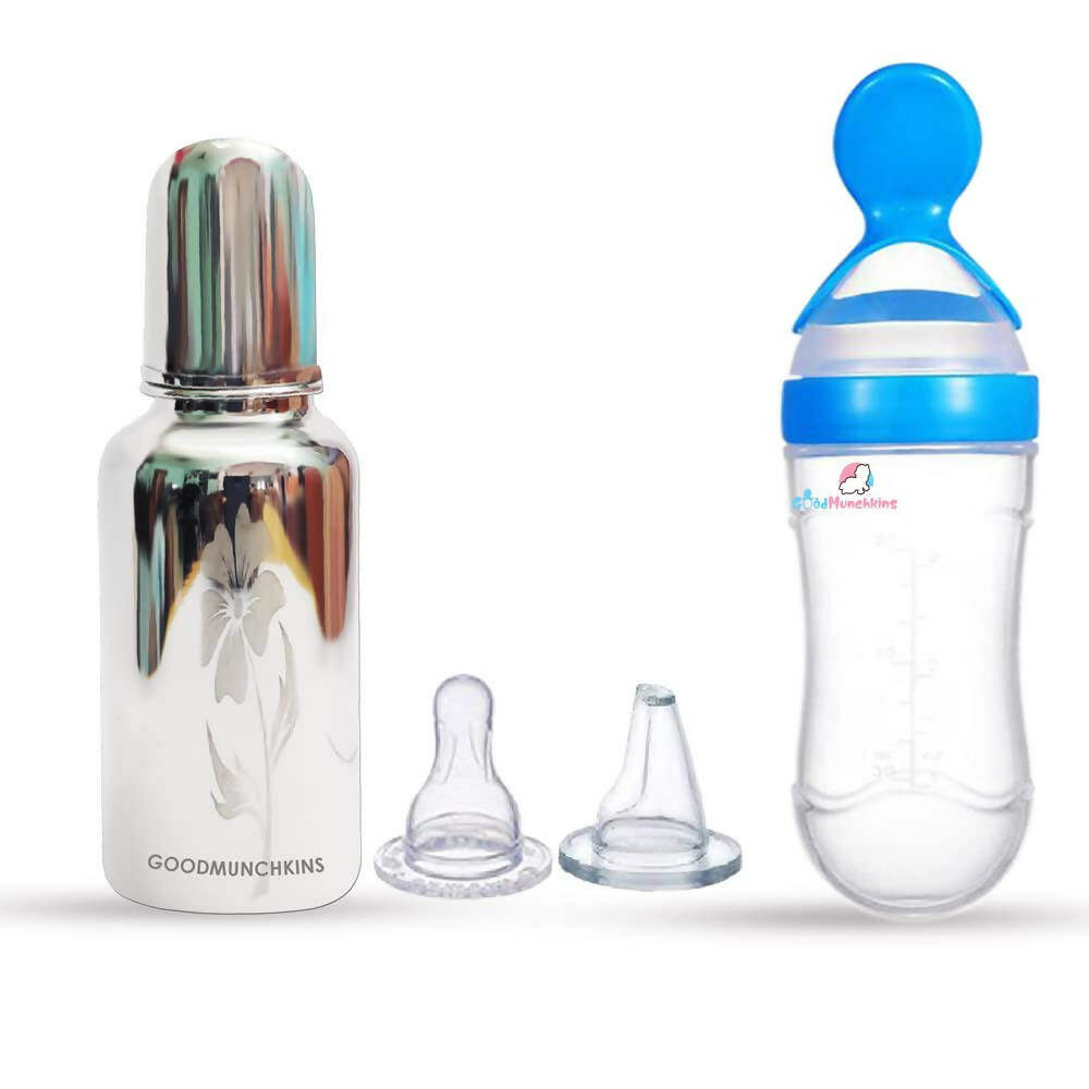Image 1 of Combo for the product Goodmunchkins Stainless Steel Feeding Bottle & Spoon Food Feeder Anti Colic Silicone Nipple Combo-(Blue, 220ml)