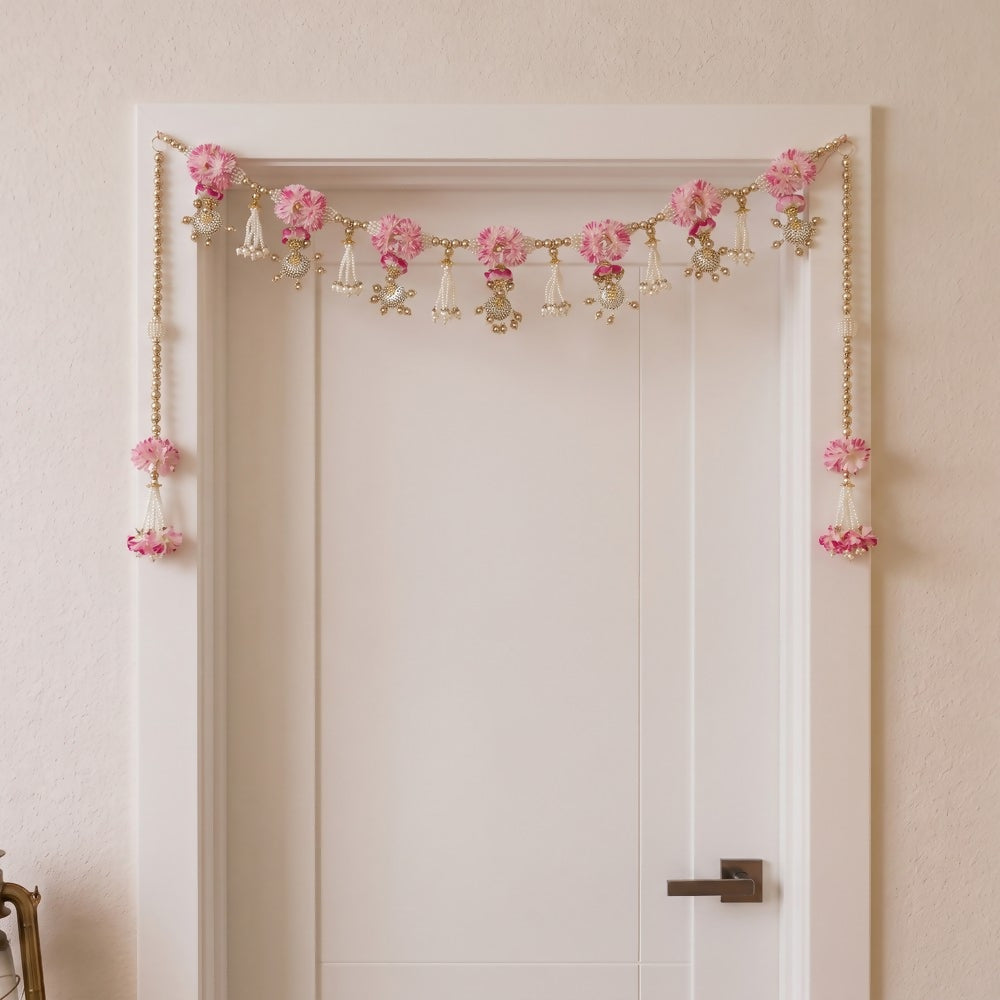 Image 1 of Renu's Creation Pink Blossom Pearl Swag Toran
