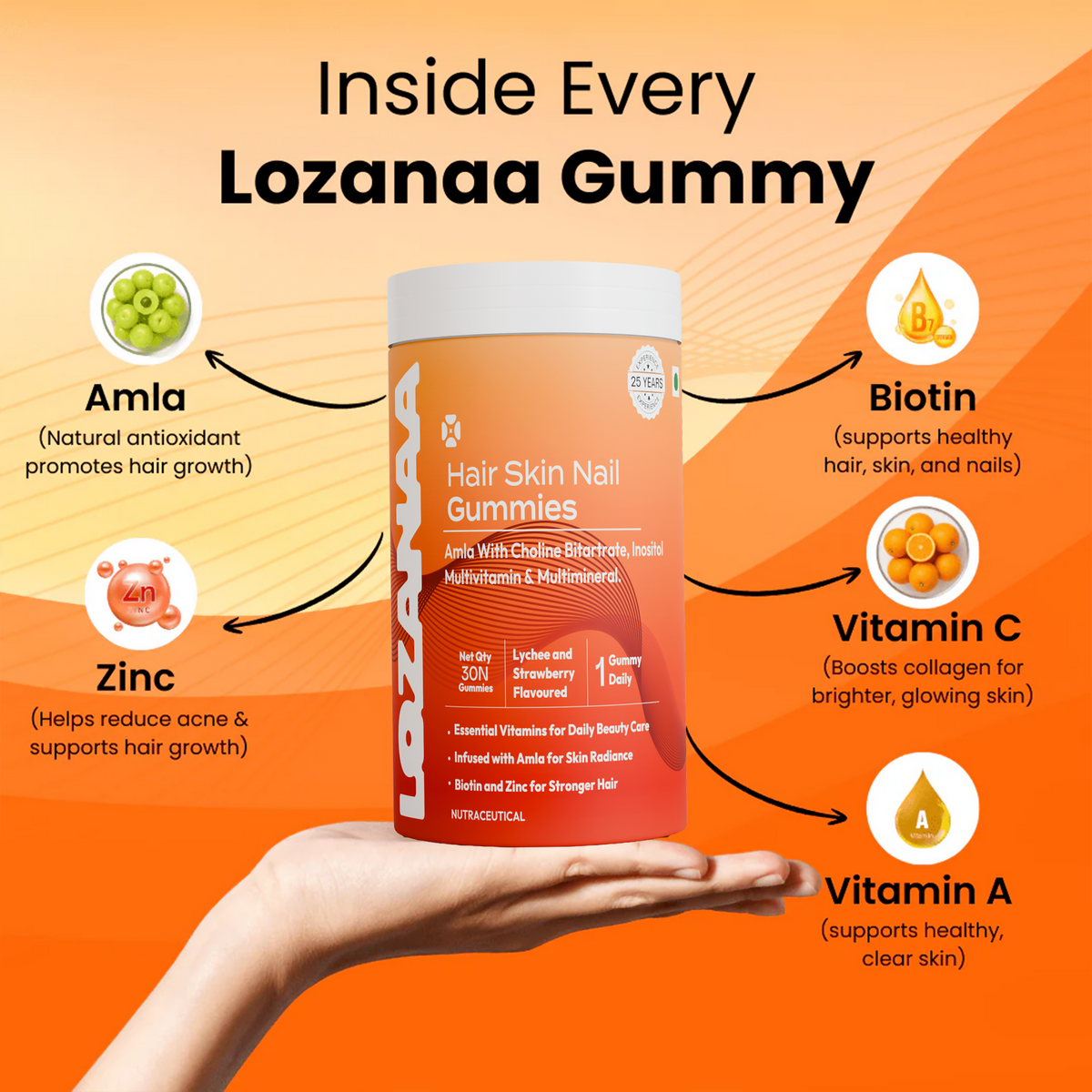Image 3 of Lozanaa Hair Skin Nail Gummies - Lychee & Strawberry Flavour