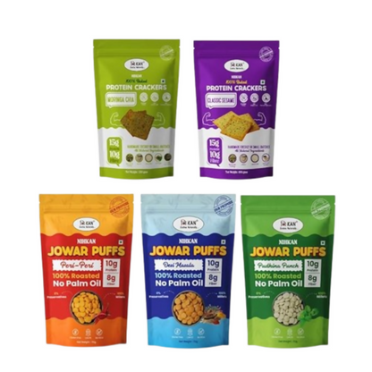 Image 1 of combo for the product NIHKAN Protein Crackers & Millet Puffs - Moringa, Sesame Crackers & Jowar Puffs Peri, Pudhina & Desi Masala