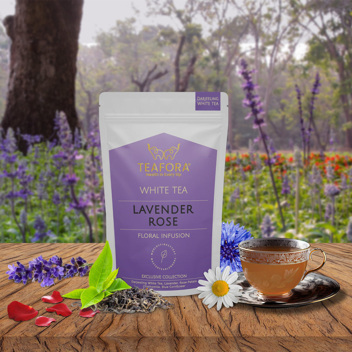 Image 2 of TEAFORA Lavender Rose White Tea | Darjeeling Silver Needles White Loose Leaf Tea Blended with Lavender, Rose Petals, Chamomile & Blue Cornflower