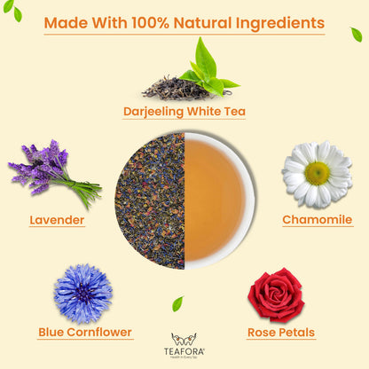 Image 3 of TEAFORA Lavender Rose White Tea | Darjeeling Silver Needles White Loose Leaf Tea Blended with Lavender, Rose Petals, Chamomile & Blue Cornflower