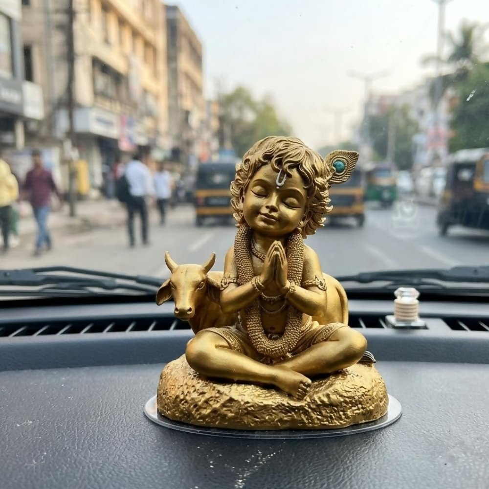 Image 4 of Krishna Laddu Gopal Murti with Cow - Golden Krishna