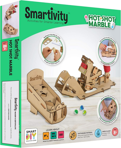 Image 1 of Smartivity Hot Shot Marble 3D Wooden Model Engineering STEM Learning Toy For Kids Ages 6 and Up includes Rubber Bands, Marbles