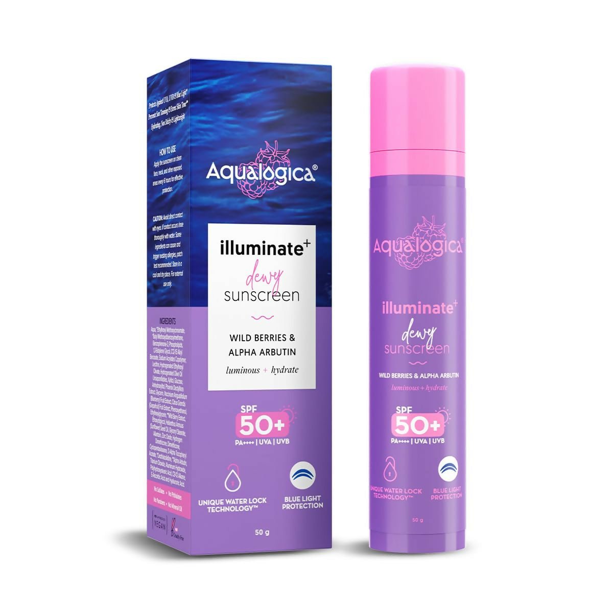 Image 1 of 50 gm / Pack of 1 for the product Aqualogica Illuminate+ Dewy Sunscreen SPF 50+ PA++++ with Wild Berries & Alpha Arbutin, Protection Against Uva/B & Blue Light Protection