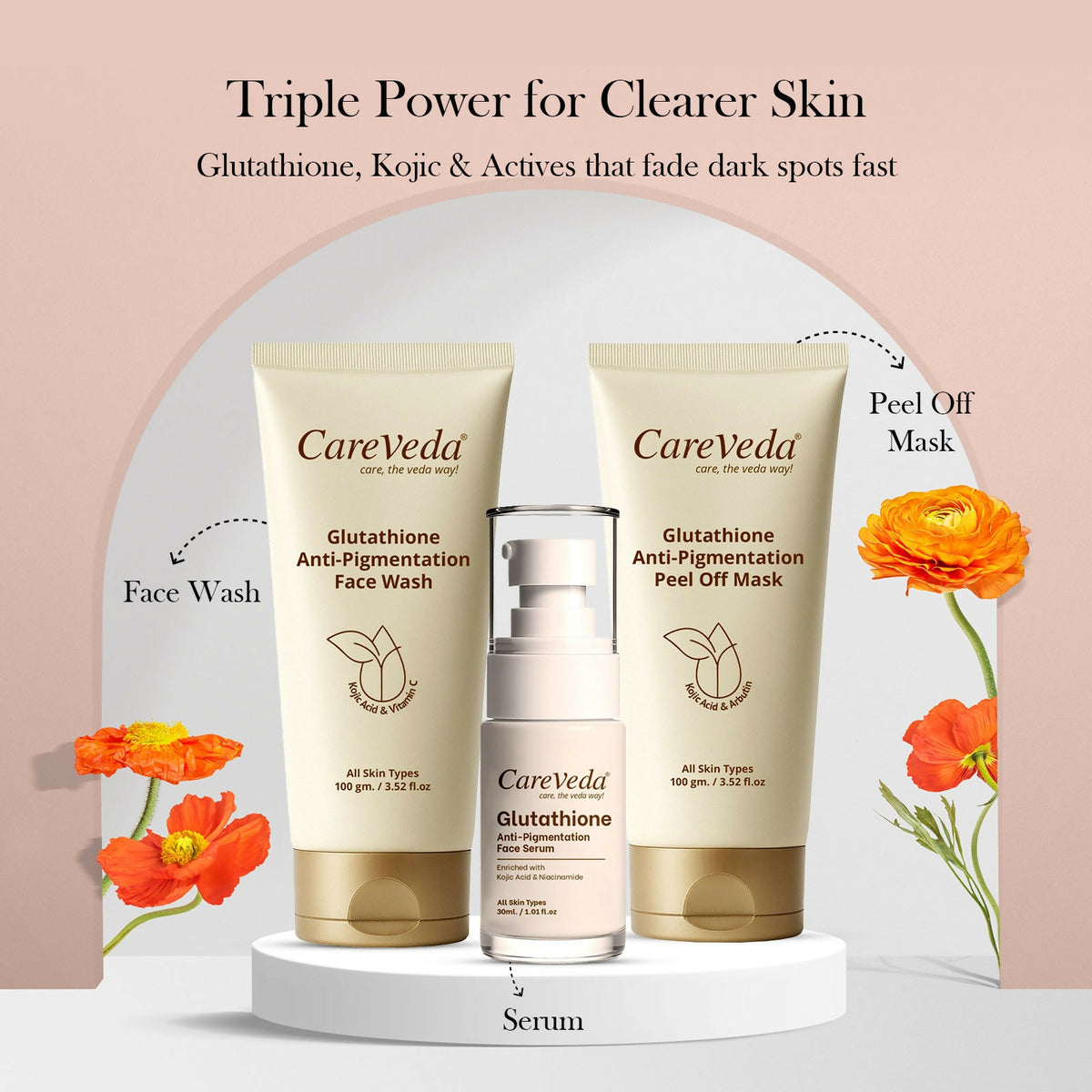 Image 2 of CareVeda Glutathione Skin Care Set of 3 | Face Wash & Peel off Mask, Face Serum for Bright, Even-Toned Skin | Anti-Pigmentation & Glow Boost | For Men & Women