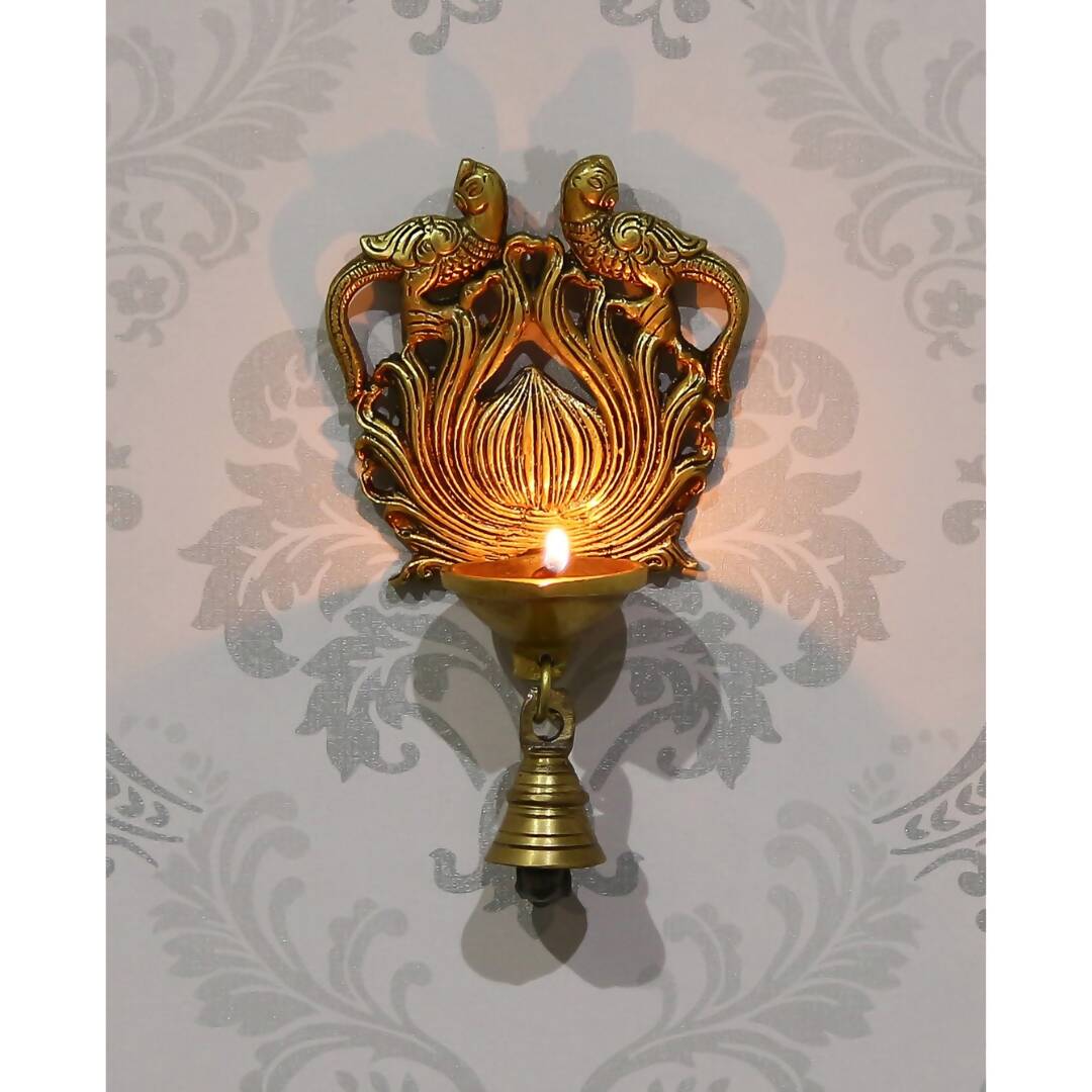 Image 1 of eCraftIndia Gold-Toned Handcrafted Antique Finish Diya with Bells Decorative Wall Hanging Showpiece