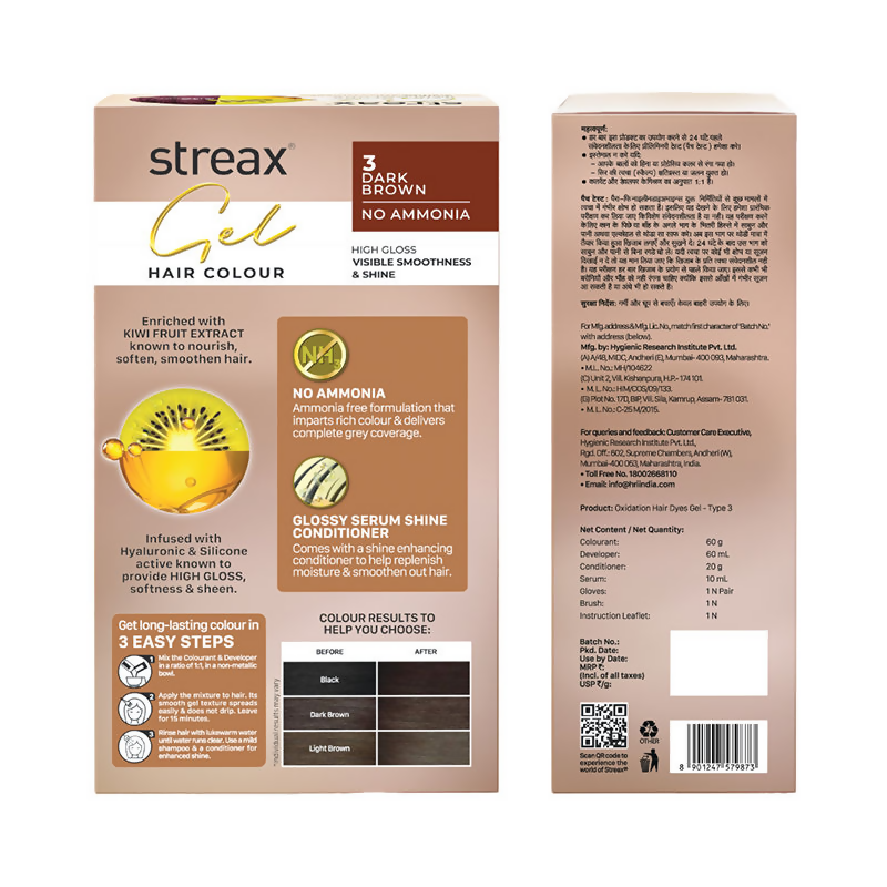 Image 4 of Streax Gel No Ammonia 100% Grey Coverage Hair Color - Dark Brown 3
