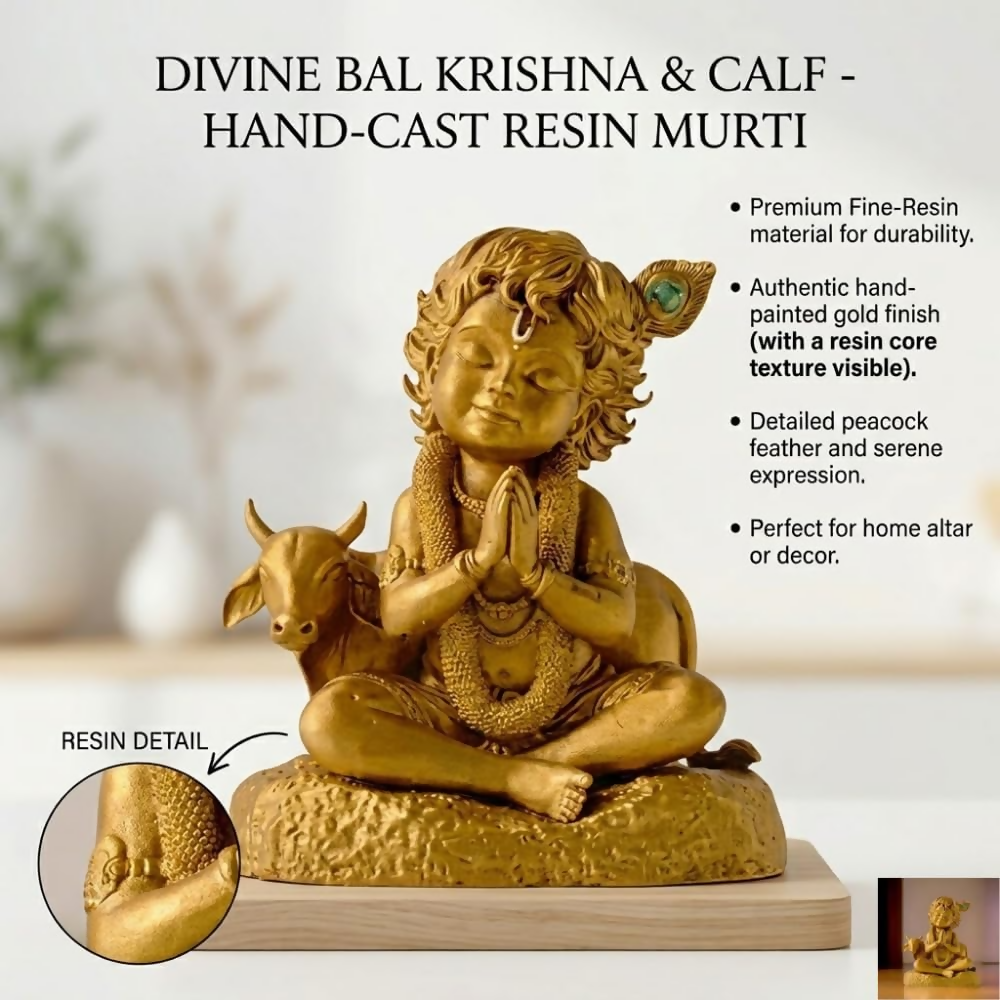 Image 5 of Krishna Laddu Gopal Murti with Cow - Golden Krishna