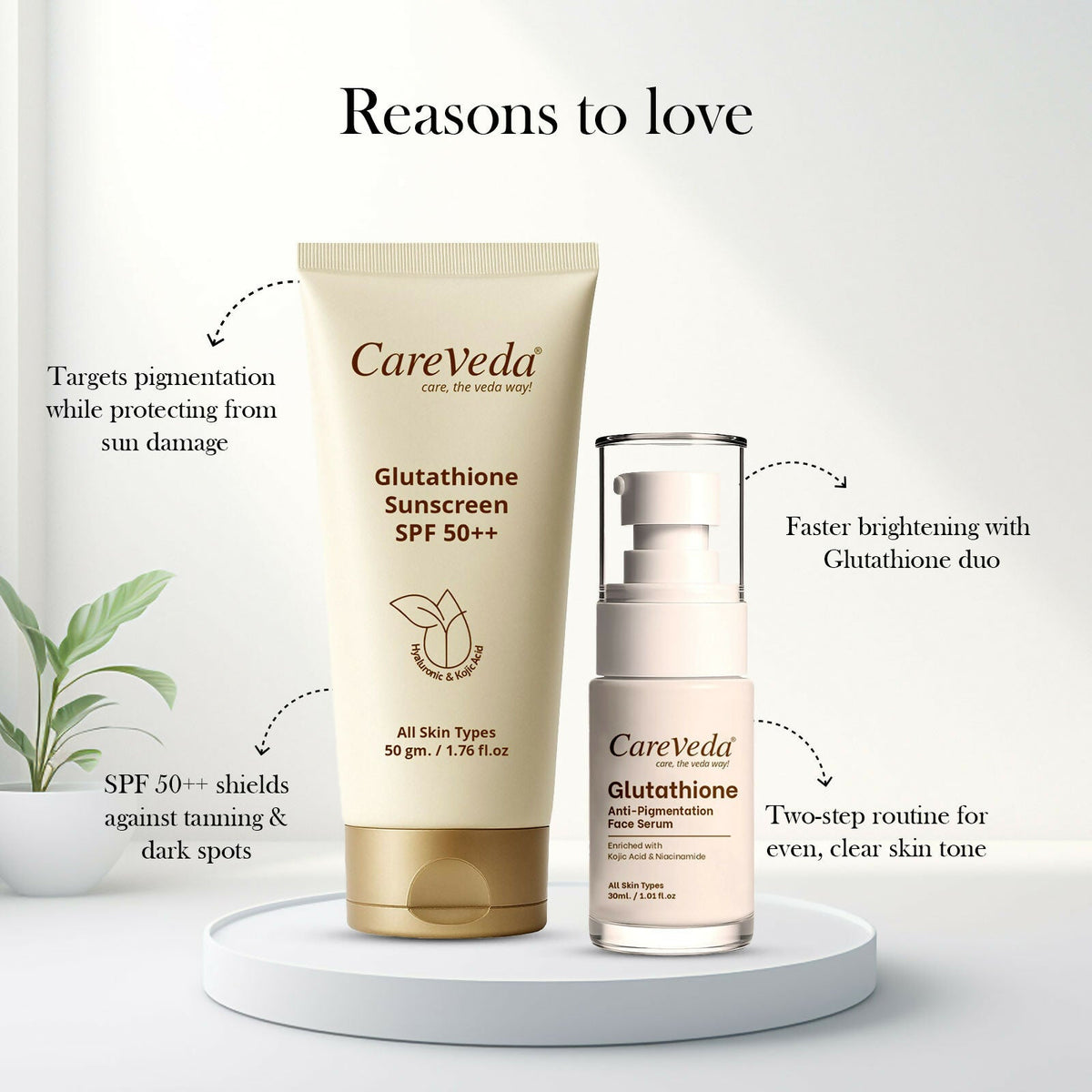 Image 3 of CareVeda Glutathione Skin Care Set of 2 | Face Serum & Sunscreen for Bright, Even-Toned Skin | Anti-Pigmentation & Glow Boost | For Men & Women