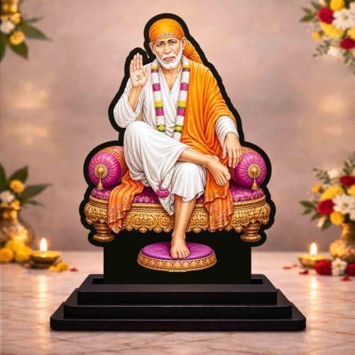 Image 1 of Default Title for the product Sai Baba Wooden MDF Printed Idol with Stand, 4 x 5 Inch, Pooja Room Decor, Home Temple Mandir Decoration, Religious Gift