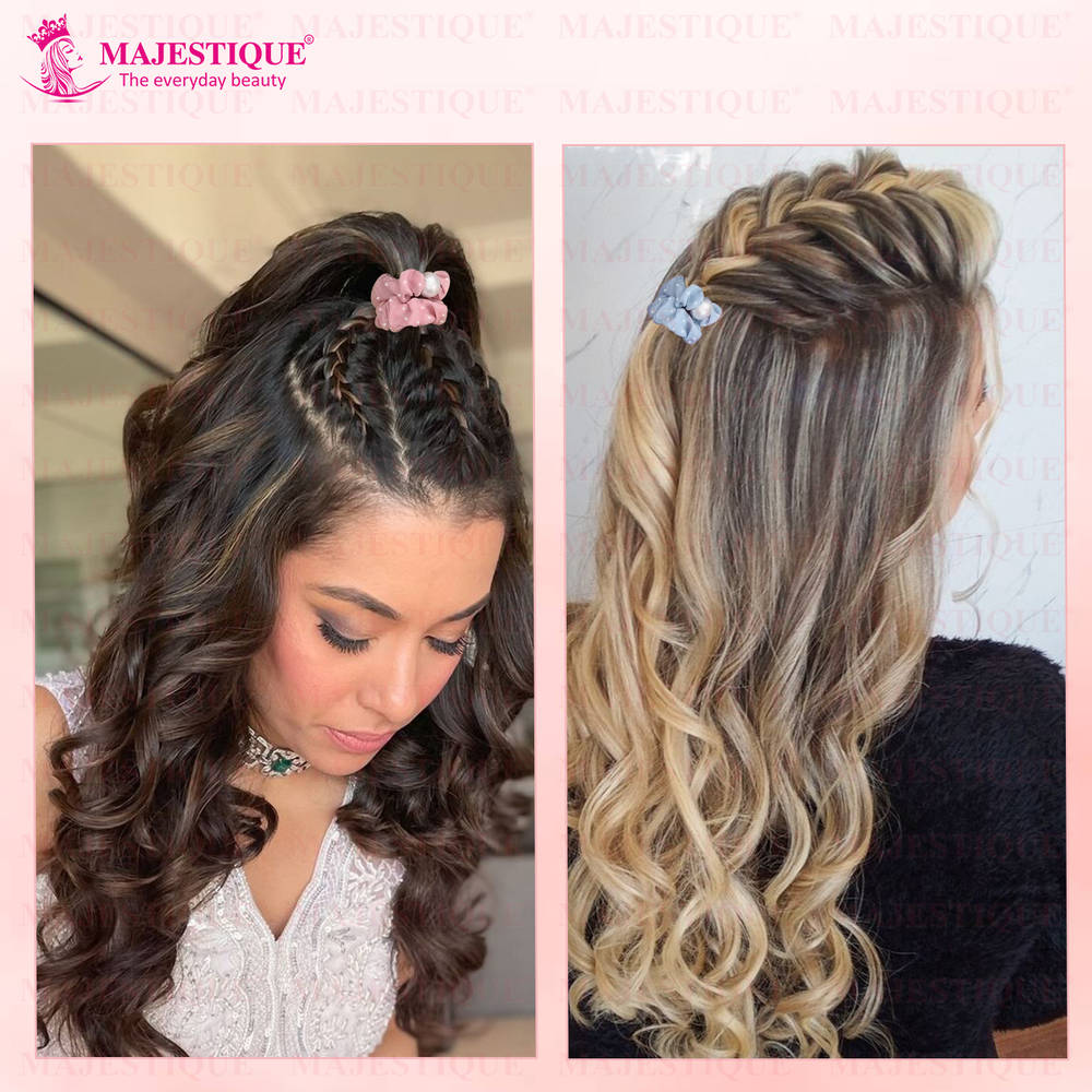 Image 4 of Majestique Classic Cotton Pearl Scrunchies, Stretchy Rubber Band, Ponytail Holder