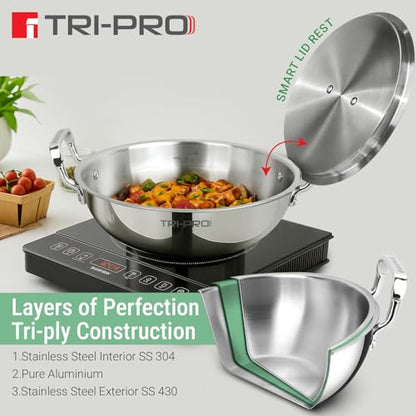 Image 4 of BERGNER Bergner Tripro Triply Cookware Set 5 Pcs - 22cm (2.3L) Kadai with Lid, 22cm Frypan, 16cm (1.8L) Tope with Lid