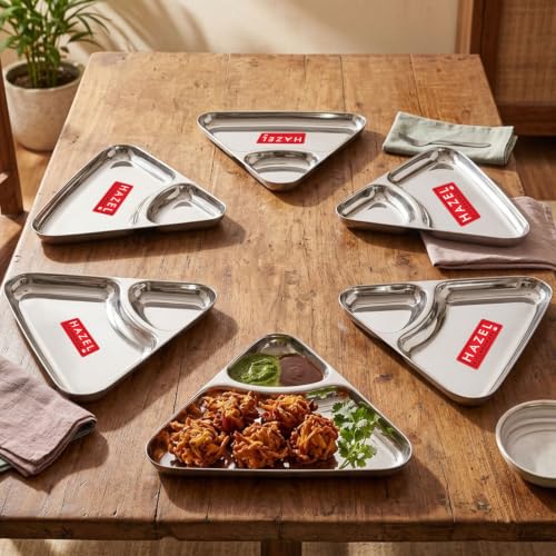 Image 1 of Default Title for the product HAZEL Triangle Snack Plate Stainless Steel 2 in 1 Section Plate Set of 6