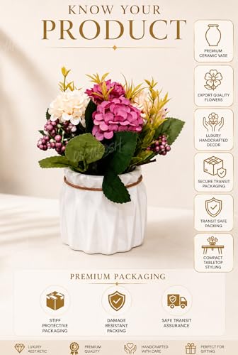 Image 4 of Divyakosh Artificial Flowers Bunch with Vase for Home Decor, Hydrangea Flower Arrangement with Ceramic, Flower Vase's, Home Decoration Items for Living Room, Aesthetic Home Decoration
