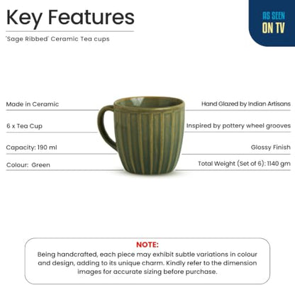 Image 4 of ExclusiveLane Sage Ribbed Ceramic Tea Cups Set of 6 190 ml