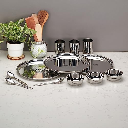Image 6 of Sumeet Stainless Steel Heavy Gauge Mirror Finish Dinner Solid Set of 12 Pcs (3 Plate, 3 Bowl/Wati, 3 Glass, 3 Spoon), Silver