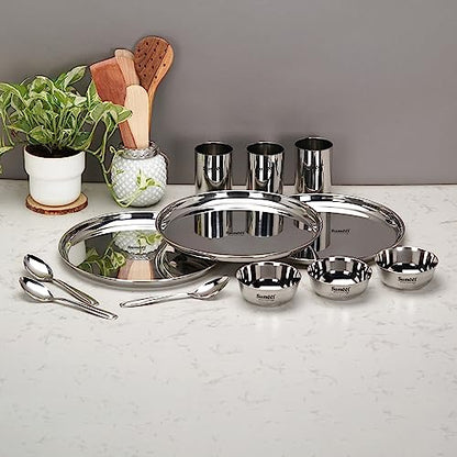 Image 6 of Sumeet Stainless Steel Heavy Gauge Mirror Finish Dinner Solid Set of 12 Pcs (3 Plate, 3 Bowl/Wati, 3 Glass, 3 Spoon), Silver