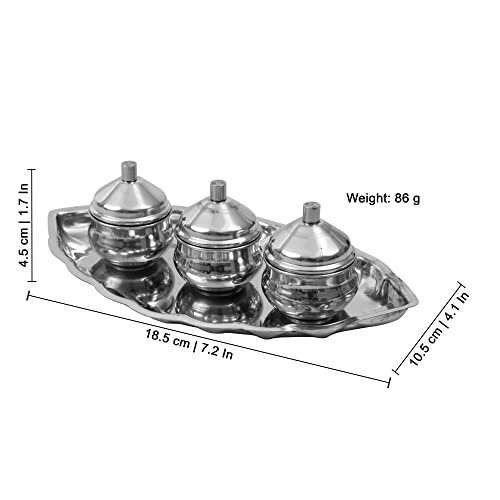 Image 6 of Spillbox Traditional Handcrafted Stainless Steel Thali Kumkum Holder Stand Plate Oval 3 Bowl-Small Leaf- Silver