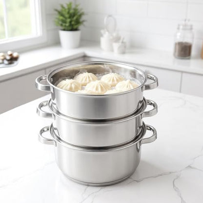 Image 10 of Solimo - Stainless Steel 2 Tier â Steamer / Idli Cum Modak Maker With Glass Lid- 20 Cm | 3 Liters | Induction Base | Silver