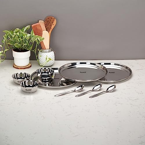 Image 6 of Sumeet Stainless Steel Heavy Gauge Mirror Finish Dinner Set of 9 Pcs (3 Plate, 3 Bowl/Wati, 3 Spoon), Silver