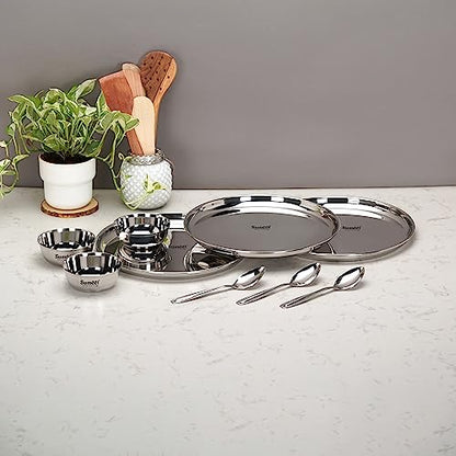 Image 6 of Sumeet Stainless Steel Heavy Gauge Mirror Finish Dinner Set of 9 Pcs (3 Plate, 3 Bowl/Wati, 3 Spoon), Silver