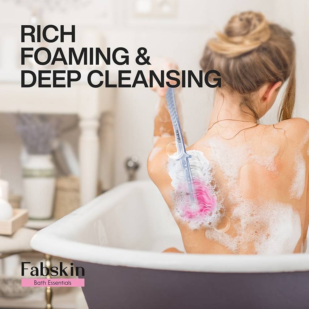 Image 4 of Fabskin Loofah Duo Pack- Bath Brush With Long Handle & Round Loofah- For Men & Women- Pink & White