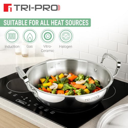 Image 6 of BERGNER Tripro Triply Stainless Steel 4 Pc Cookware Set, 24 cm Indian Wok/Kadai with Lid, 22 cm Frypan, 16 cm Tea Pan