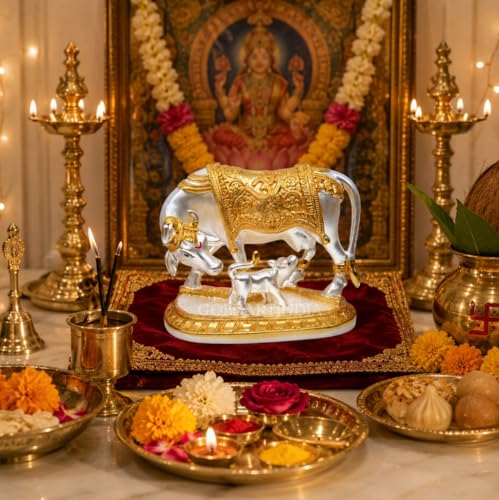 Image 6 of Gold Art India Ganesha Idol for Car Dashboard & Kamdhenu Idol for Vastu Decor (TWOTONEMATTE, Oval)
