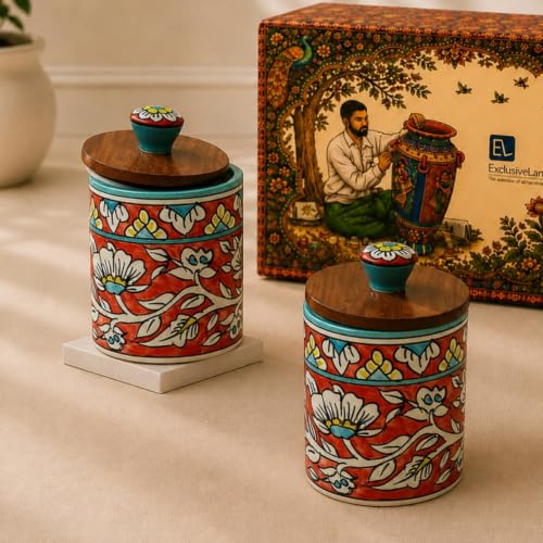 Image 1 of Default Title for the product ExclusiveLane Mughal Barrel Multi Utility Storage Ceramic Jars With Wooden Lid Set of 2 420 ml
