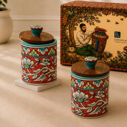 Image 1 of Default Title for the product ExclusiveLane Mughal Barrel Multi Utility Storage Ceramic Jars With Wooden Lid Set of 2 420 ml