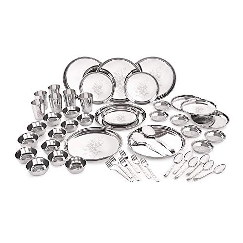 Image 1 of Default Title for the product neelam Stainless Steel Dinner Set, Premium Quality, Laser Etching 51 Pcs, Dishwasher Safe, Ideal Gifting Dinner Set for Anniversary, Wedding, Housewarming Party, Perfect for Serving 6 People, Silver