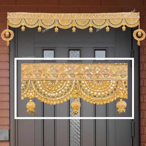 Image 3 of Divyakosh Handmade Golden Lace Toran/Bandarwal for Home Decoration | Door Hanging for Main Entrance, 94 Cm,Fabric & Artficial Flower