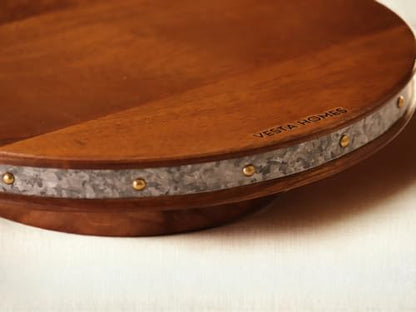 Image 2 of Vesta Homes Large Round Wooden 360 degree Rotating Cake Stand, Pizza Stand, Dessert Platter, Stand for Dining Table | Diameter - 12 inch, Height - 3 inch