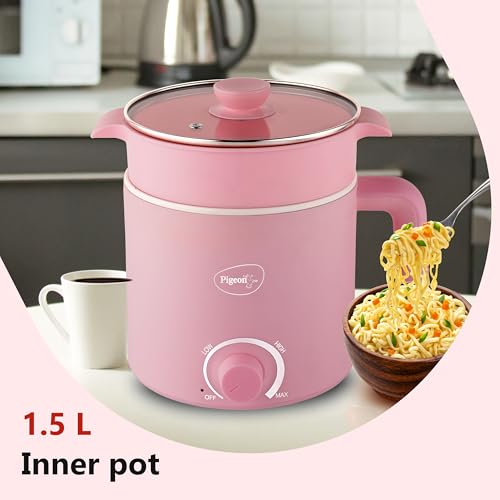Image 4 of Pigeon By Stovekraft Swift Plus Multi-Cook Kettle 1.5L, With Steamer, Egg Rack - Pink | Black | Double Layered | Food Grade Stainless Steel Inner Wall | Glass Lid | Auto Shut-Off, 600 Watts