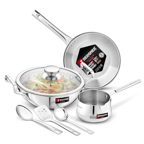 Image 1 of Default Title for the product BERGNER TriPro 7 Pcs Tri-Ply Stainless Steel Induction Bottom Cookware Set | 22cm (2 LTR) Kadai with Glass Lid | 22cm (1 LTR) Frypan | 12cm (0.9 LTR) Coffee Warmer | Ladle | Serving Spoon | Turner
