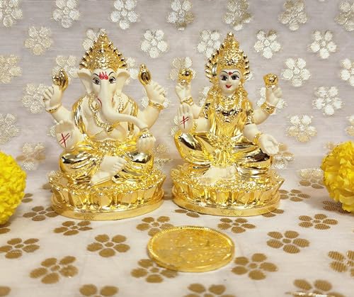 Image 5 of Gold Art India Laxmi Ganesh Gold Plated Off White Terracotta Idol for Home with Gold Plated Coin (3" Inch)