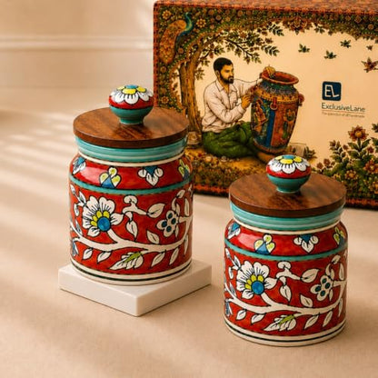 Image 1 of Default Title for the product ExclusiveLane Mughal Floral Airtight Ceramic Jars for Kitchen Storage Set of 2 5.2 Inch 410 ML