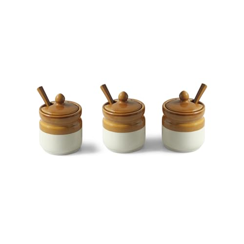 Image 3 of ExclusiveLane 'Barni Tales' Ceramic Pickle Jars for Dining Table With Spoon (Set Of 3, Non-Airtight, 270 ml, Hand-Glazed) | Pickle Jar With Spoon Achar Jar Set Achar Container Set for Dining Table|